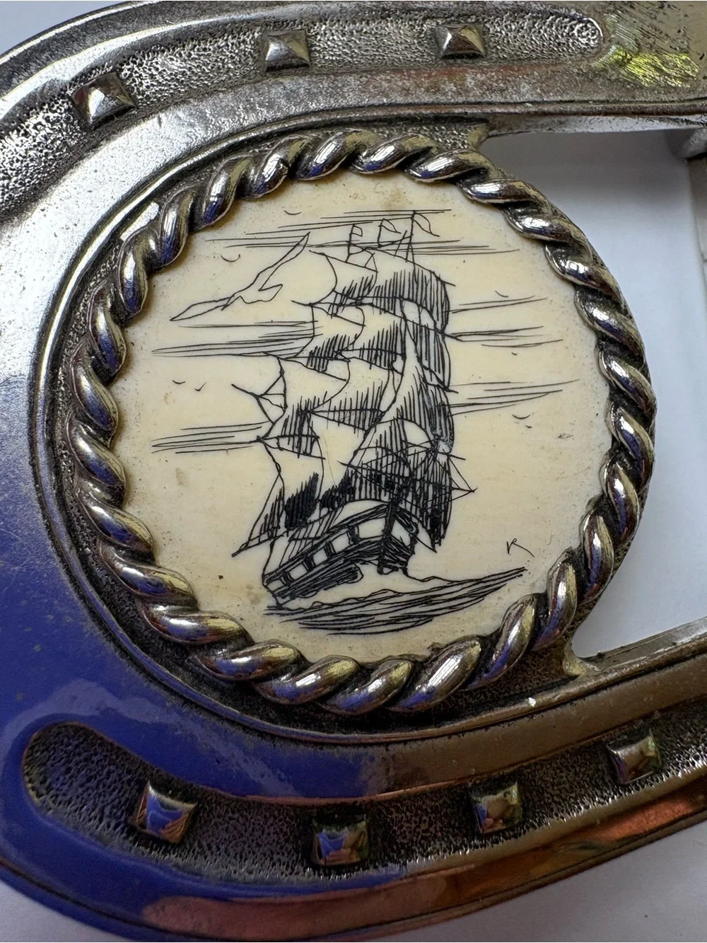 Vintage Scrimshaw Style Ship Belt Buckle Silver Tone Horseshoe Shape